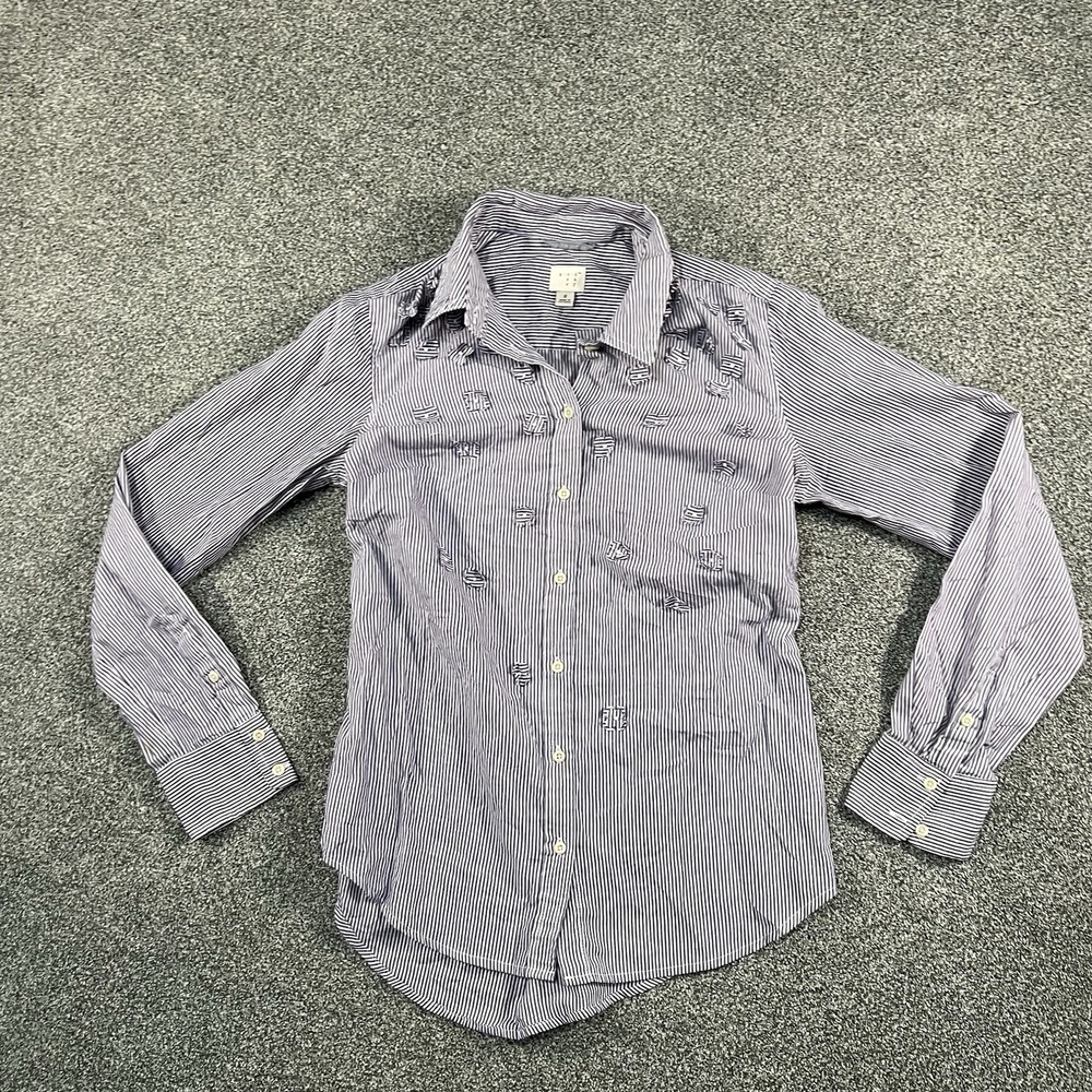 A New Day Womens S Blue White Striped Embroidered Button Down Shirt
